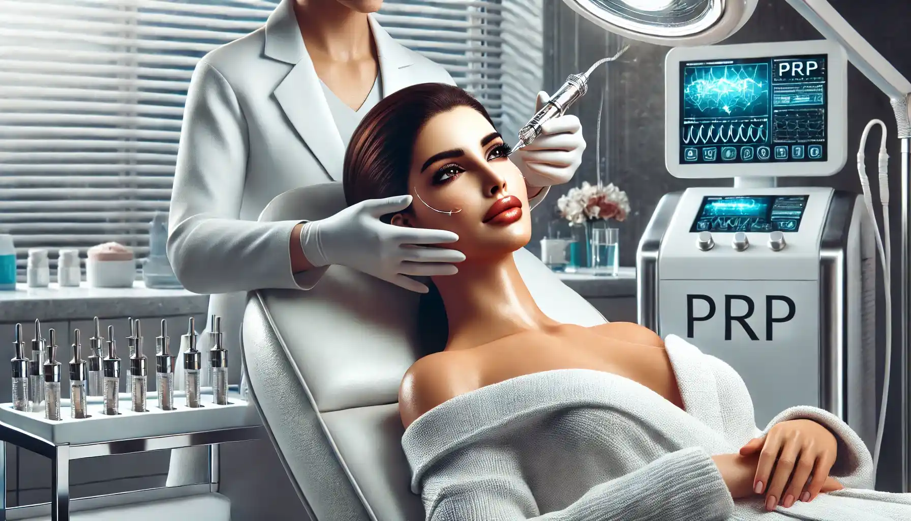 A Bollywood actress in a modern aesthetic clinic is receiving a luxurious PRP facial treatment.