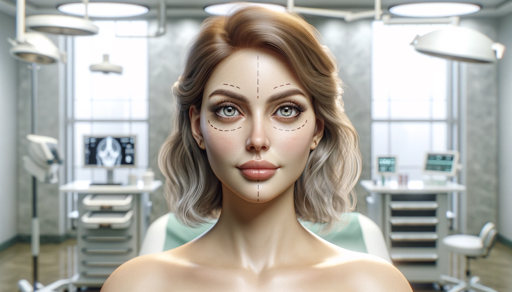 a woman with pre-surgical markings on her face, preparing for blepharoplasty in a medical clinic