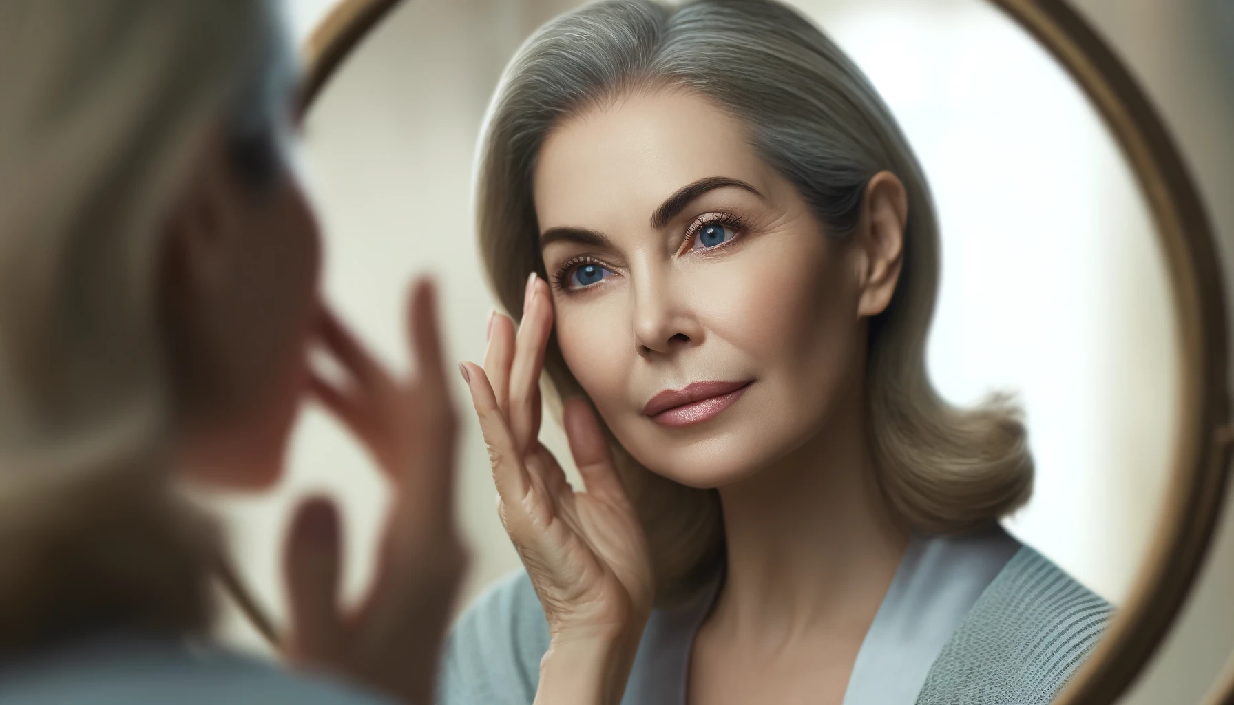 a beautiful senior woman examining her face in the mirror, focusing on her eyes and gently massaging her face