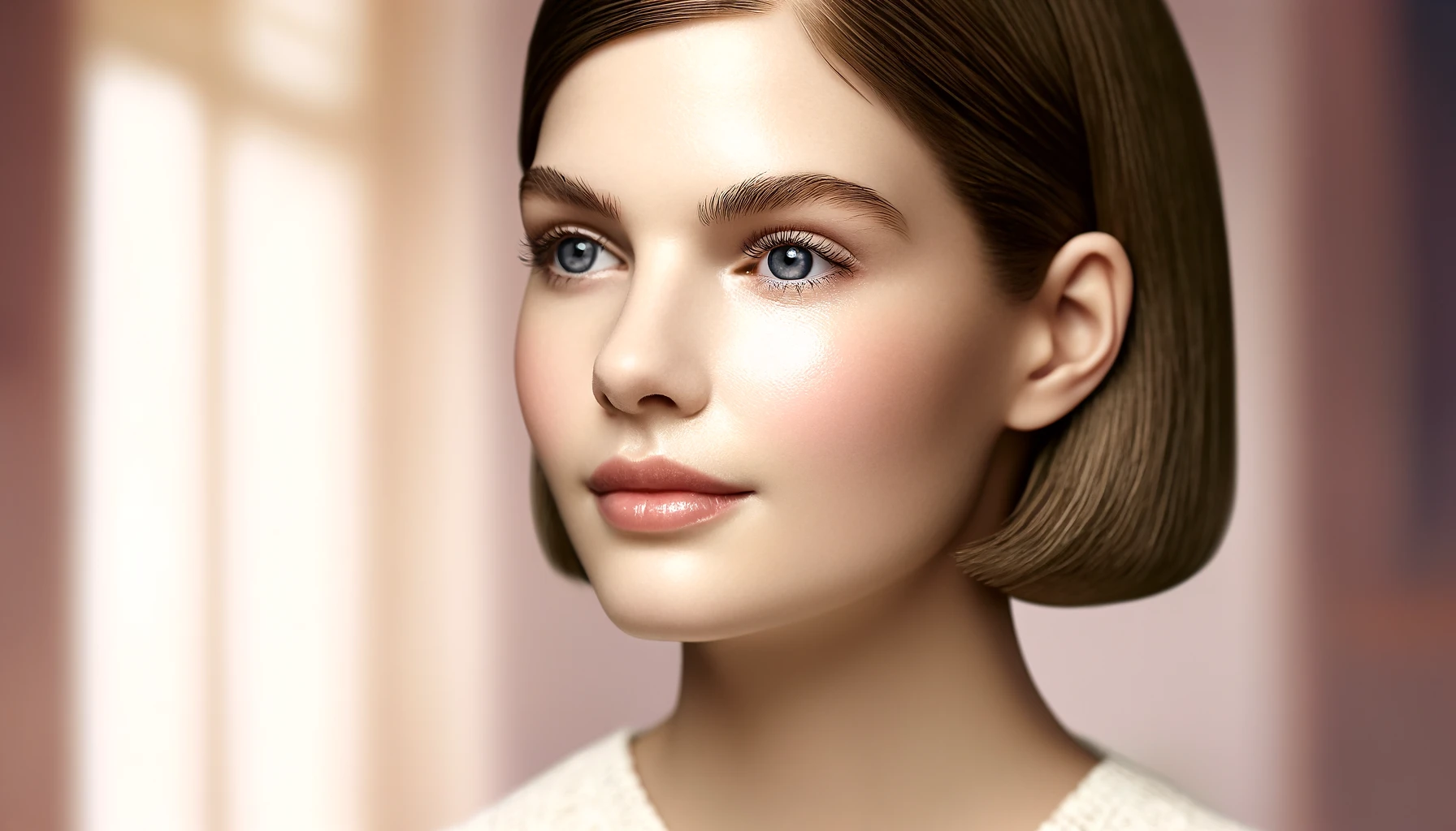 a beautiful young woman with a fresh, clean complexion, looking away thoughtfully