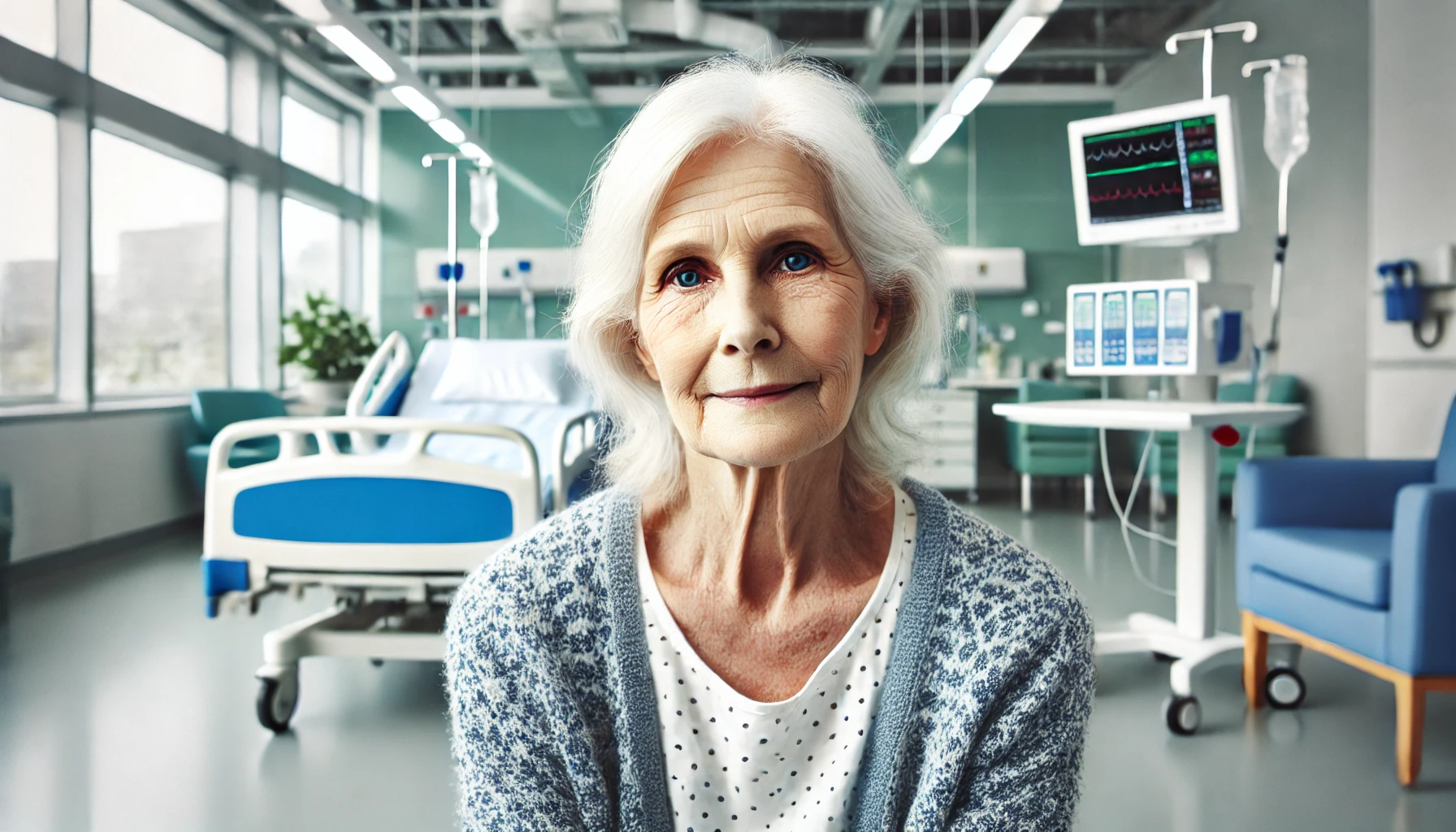 An elderly woman in a hospital setting. She is seated in a modern, clean hospital room with medical equipment and patient beds visible in the background.