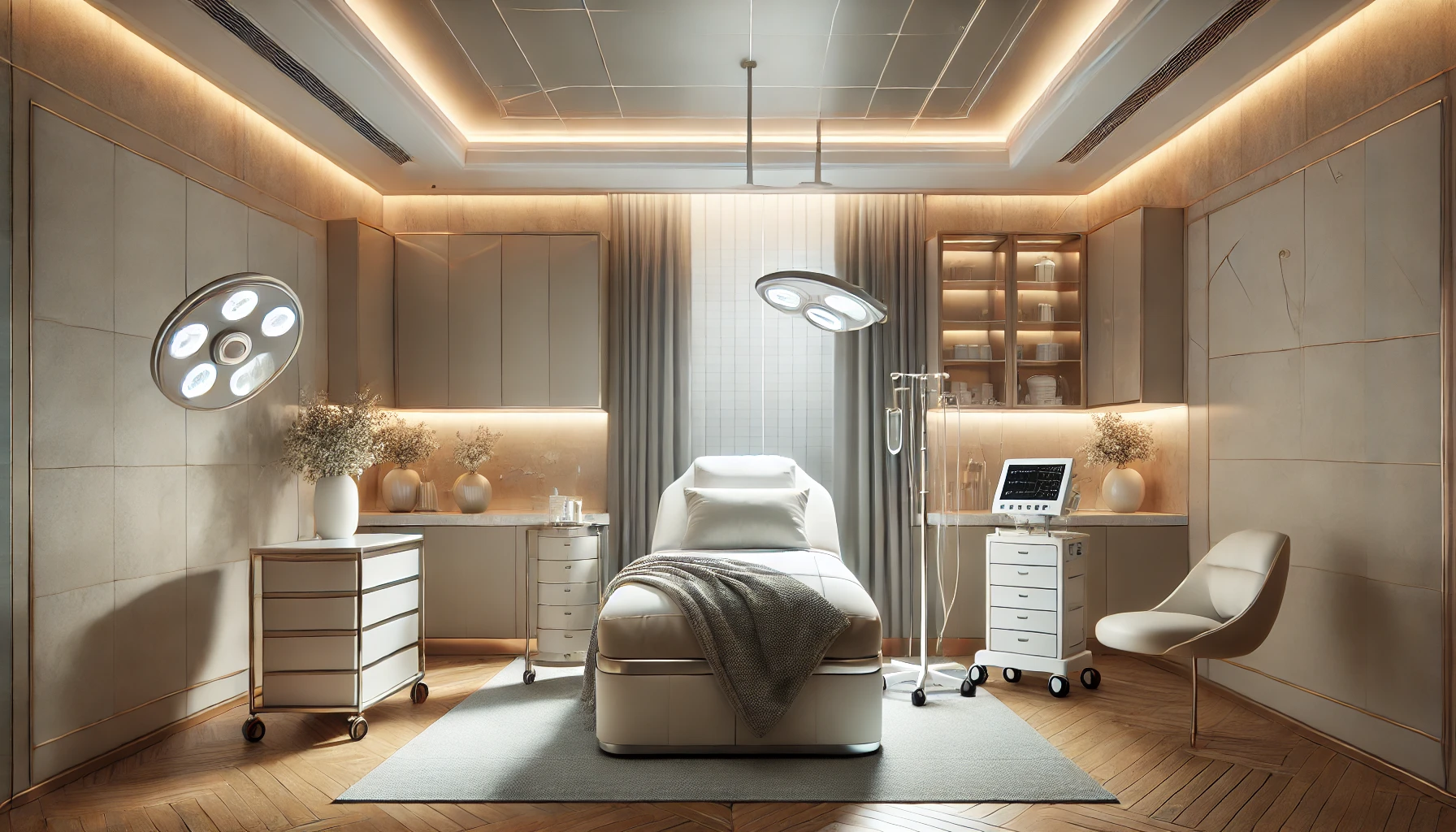 a high-end cosmetic surgery recovery room. The room is luxurious and calming, with a comfortable recovery bed, soft lighting, and soothing decor.