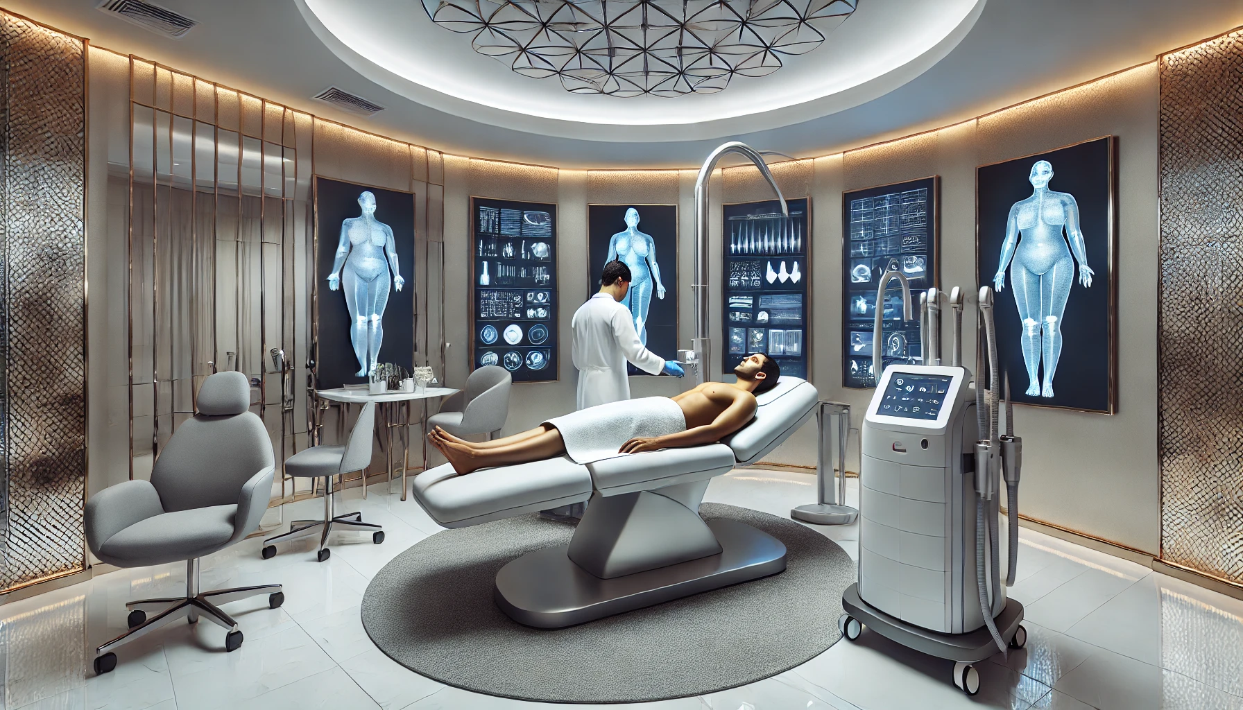 A luxury cosmetic treatment room in India focusing on body contouring procedures. The room is modern, well-lit, and features advanced equipment like a cryolipolysis device for non-invasive fat reduction.