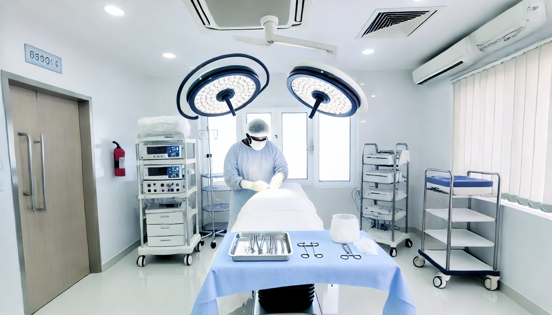 A modern operating room in a high-end cosmetic surgery clinic in India, showcasing the latest surgical equipment.