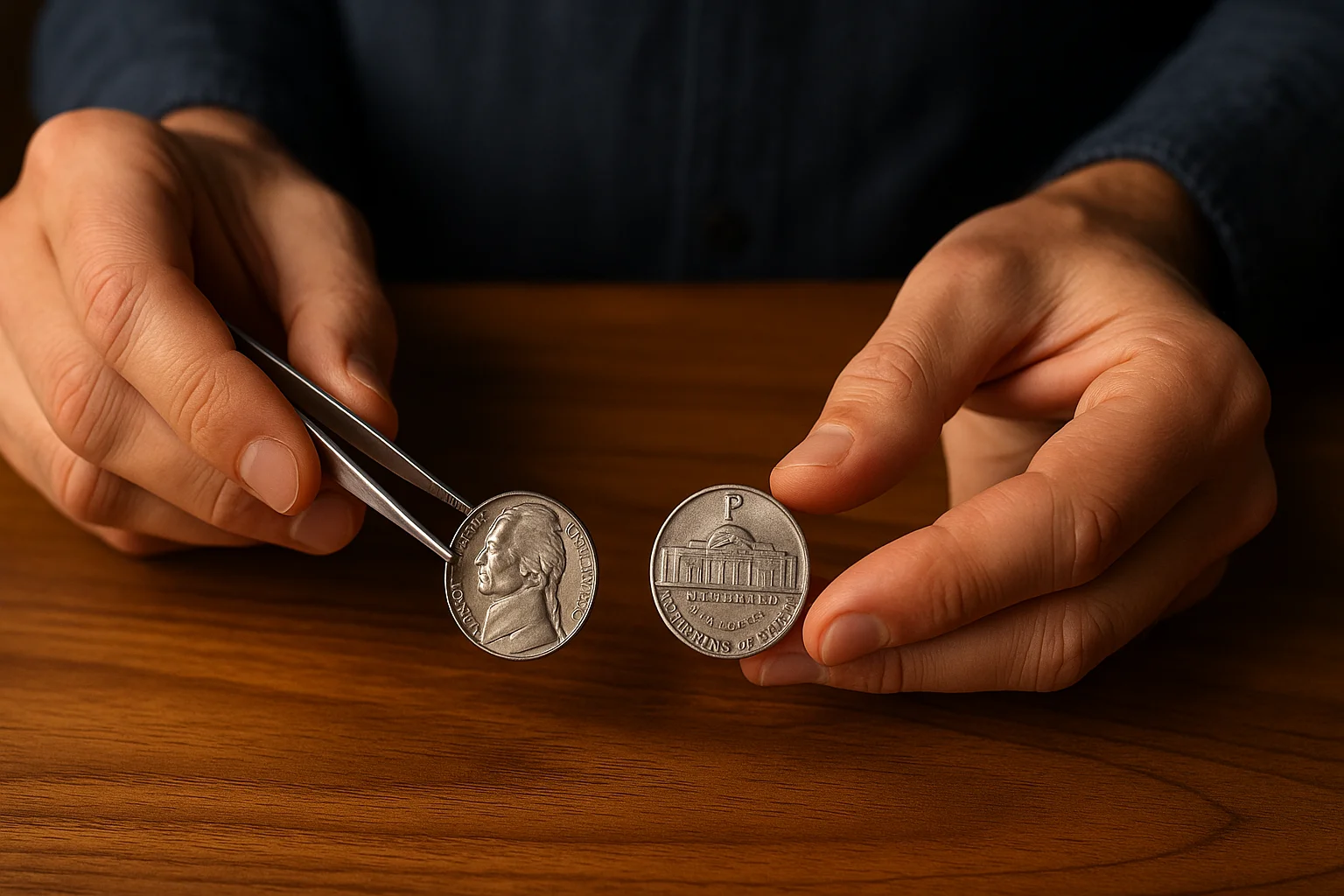 A collector compares a 1941 Jefferson nickel with a wartime silver issue, studying the difference in color and alloy under soft light at a wooden table.