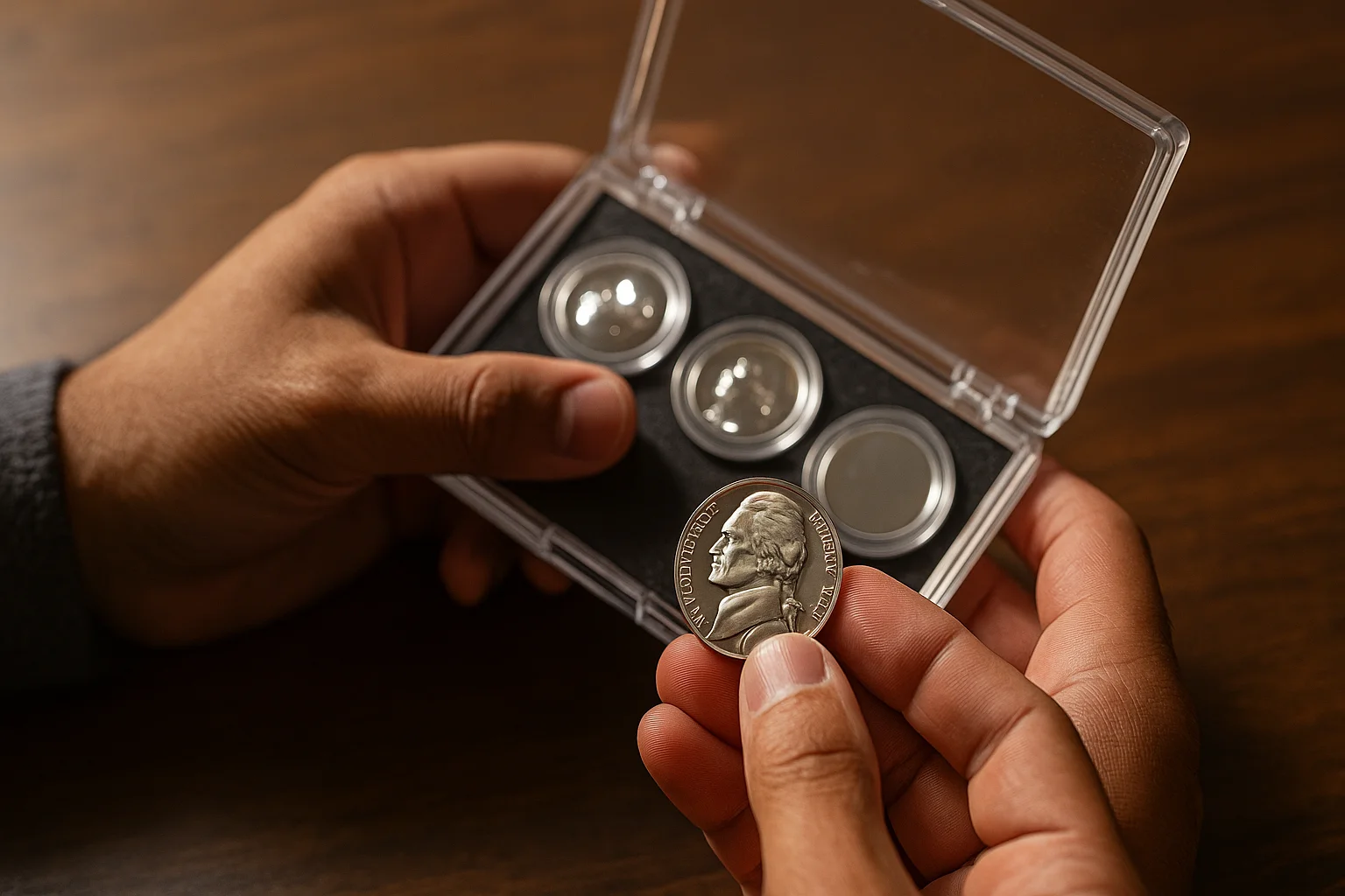 A person opens a plastic case of proof coins, the mirrorlike 1941 Jefferson nickel gleaming brightly in the foreground under gentle illumination.